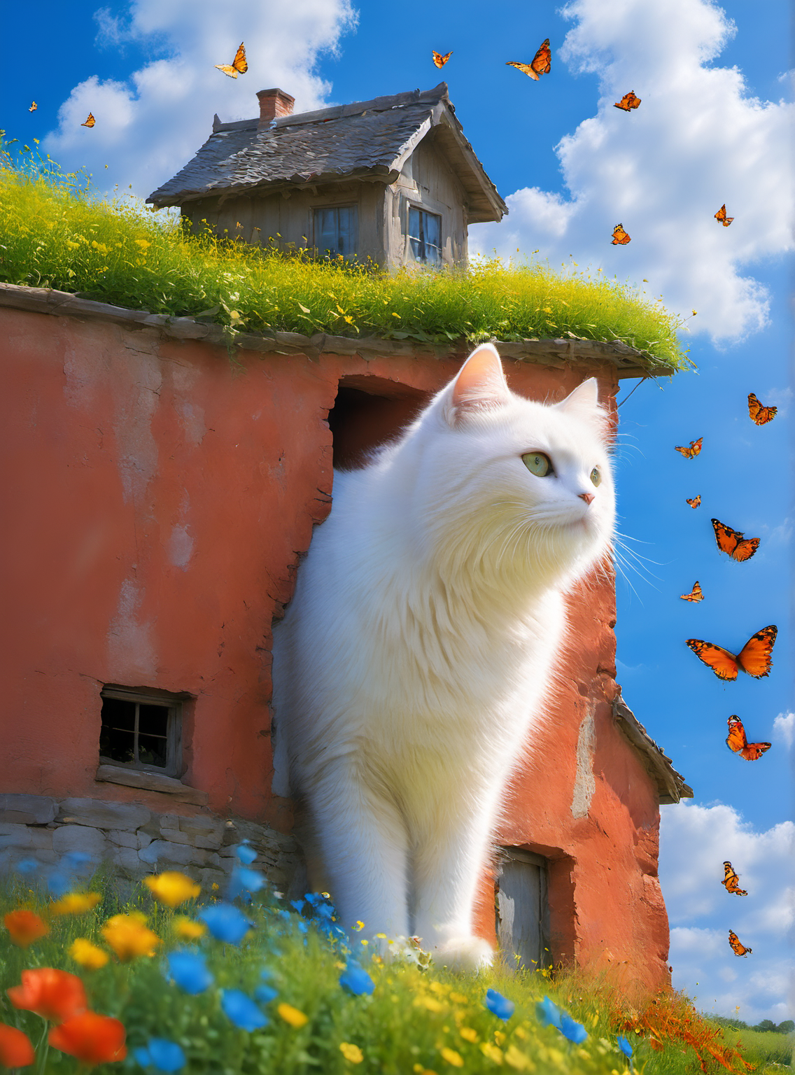large white cat,a young girl,
Underneath a vibrant blue sky,stretched out a lush green meadow. Dotted across it were flowers of every imaginable color,from bright red poppies to electric blue cornflowers. Butterflies flitted about playfully,adding splashes of color to the scenery. In the distance,a charming little wooden house stood tall,its paint job glowing in the sunlight. Smoke curled up from its chimney,hinting at a cozy fire burning within. Nearby,a stone bridge crossed over a babbling brook,leading towards an inviting forest full of towering trees and hidden secrets. This cheerful landscape was a testament to nature's unending cycle of renewal and rebirth,a source of endless fascination and inspiration.,
<lora:white cat è¿æV1.0-0008:1>,, (masterpiece, best quality, highres:1.2),