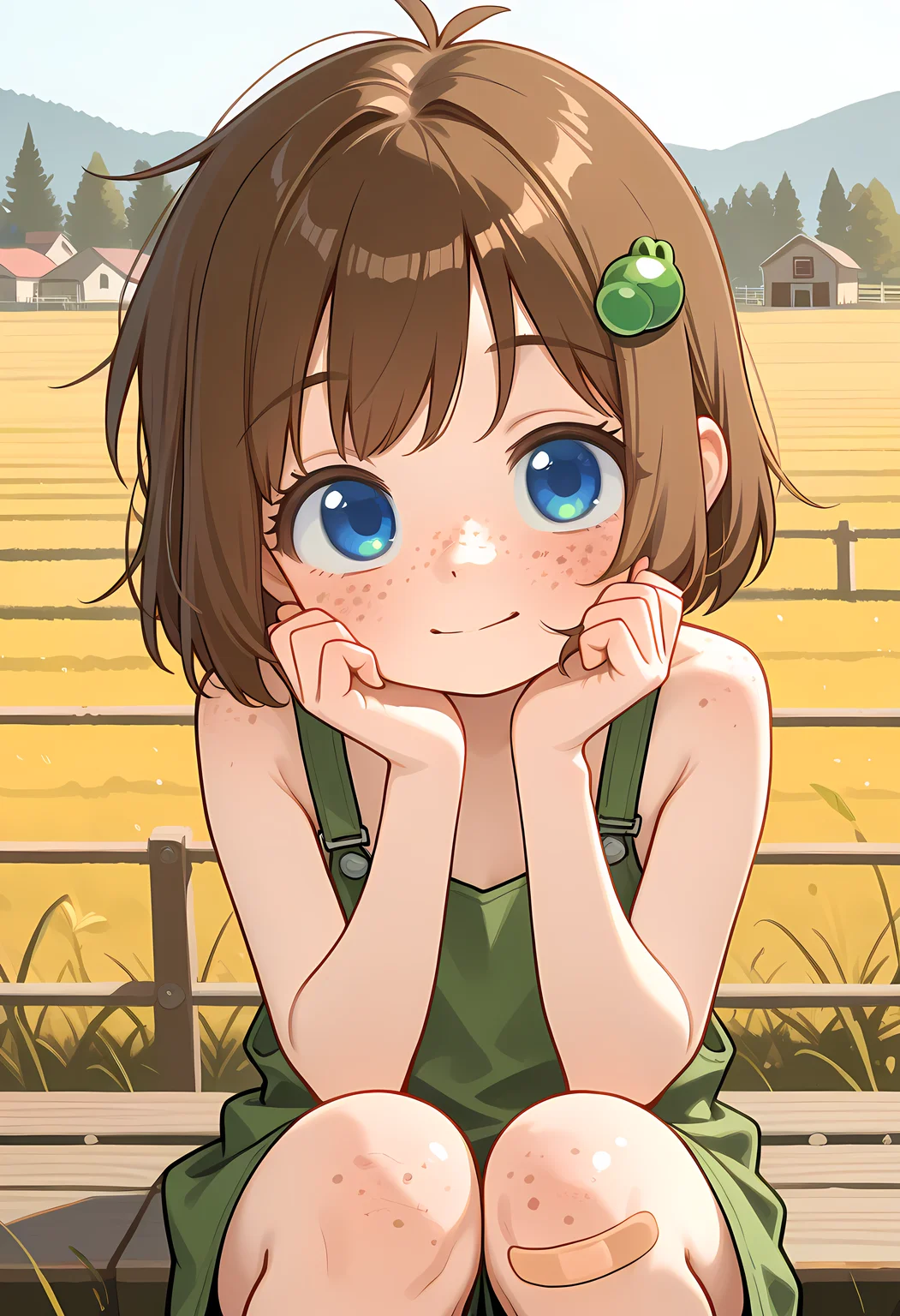 1girl, freckles, brown hair, bandaid, blue eyes, , short hair, hair ornament, bandaid on knee, face focus,farm background,Lily Hopkins, <lora:lily_hopkins_ill:0.8>,,flat chest,peace sign,<lora:add-detail-xl:1>,masterpiece,best quality,amazing quality,very aesthetic,absurdres,newest,huge filesize,<lora:spo_sdxl_10ep_4k-data_lora_webui:0.5>,