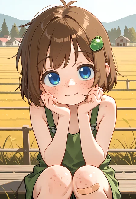 1girl, freckles, brown hair, bandaid, blue eyes, , short hair, hair ornament, bandaid on knee, face focus,farm background,Lily Hopkins, <lora:lily_hopkins_ill:0.8>,,flat chest,peace sign,<lora:add-detail-xl:1>,masterpiece,best quality,amazing quality,very aesthetic,absurdres,newest,huge filesize,<lora:spo_sdxl_10ep_4k-data_lora_webui:0.5>,