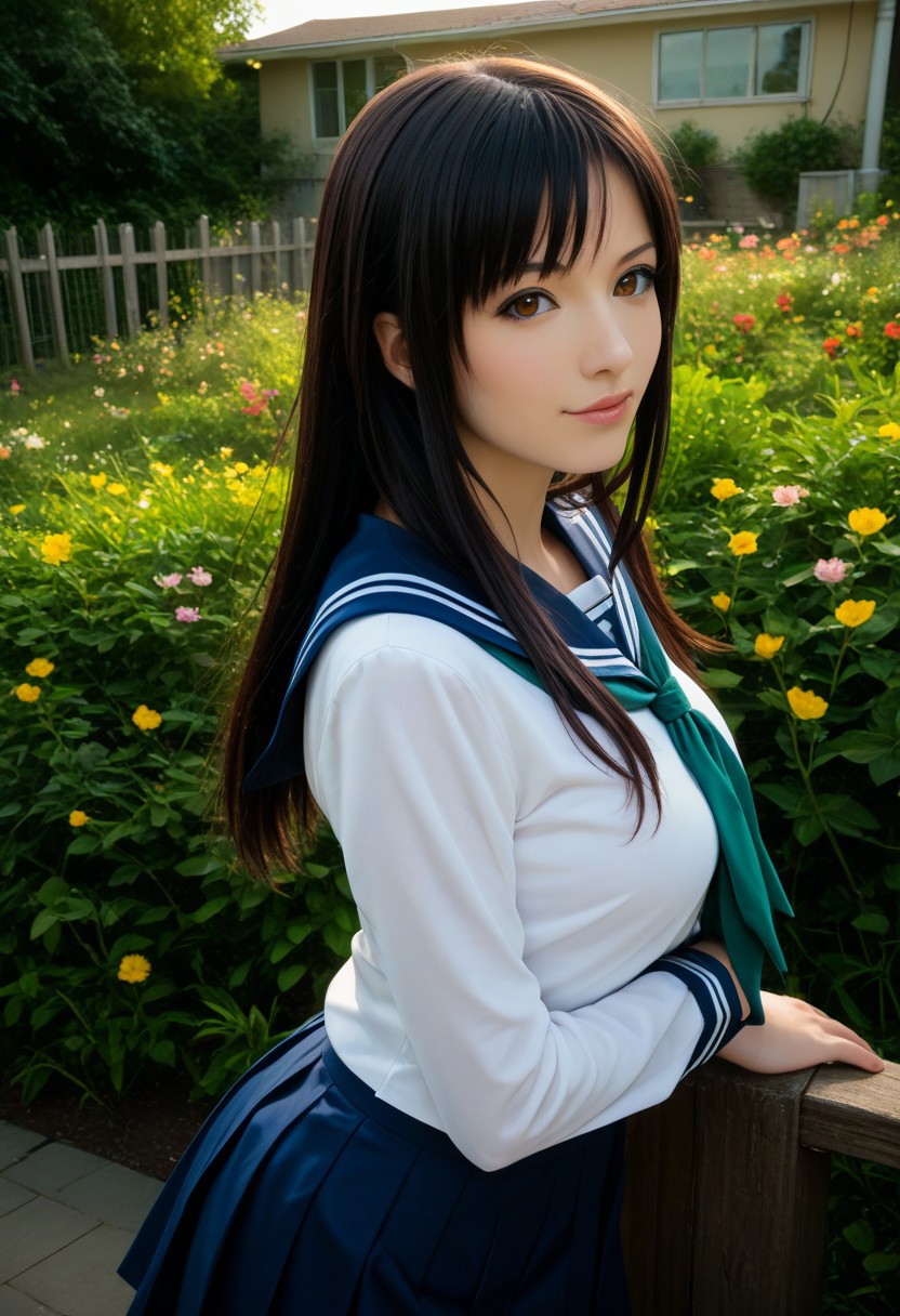score_9, score_8_up, score_7_up, score_6_up, 
photo, 2000s nostalgia, cinematic, AdrianoStyle, flowers background, god rays, (1girl, wakoto,black hair,long hair,brown eyes, lips, school uniform, serafuku, white shirt, long sleeves, blue sailor collar, blue long skirt, green neckerchief, large breasts),
upper body, face focus, dynamic angle,cinematic angle,dutch angle,looking at viewer,standing split, leg up,rooftop,fence,sunset,, masterpiece,best quality, very aesthetic, absurdres, ultra detailed, high resolution, 4k, extremely detailed CG,Expressiveh