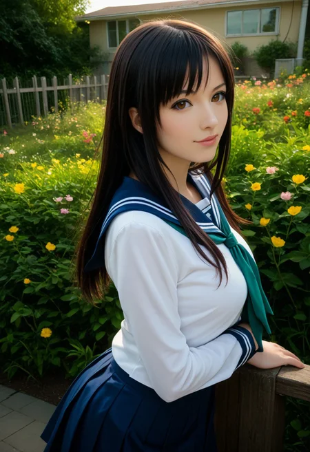 score_9, score_8_up, score_7_up, score_6_up, 
photo, 2000s nostalgia, cinematic, AdrianoStyle, flowers background, god rays, (1girl, wakoto,black hair,long hair,brown eyes, lips, school uniform, serafuku, white shirt, long sleeves, blue sailor collar, blue long skirt, green neckerchief, large breasts),
upper body, face focus, dynamic angle,cinematic angle,dutch angle,looking at viewer,standing split, leg up,rooftop,fence,sunset,, masterpiece,best quality, very aesthetic, absurdres, ultra detailed, high resolution, 4k, extremely detailed CG,Expressiveh