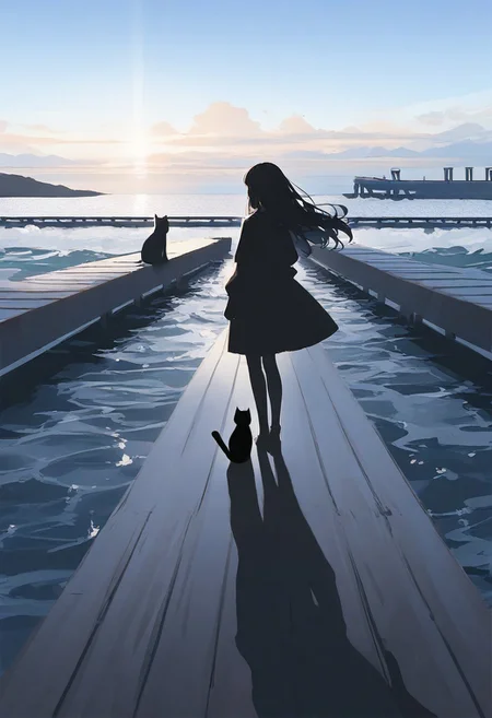 sketch, 1girl, black hair, long hair, pier, sky, sunlight, Black cat, standing, Silhouette, usnr
BREAK 
masterpiece, best quality, good quality, very awa, very aesthetic, absurdres, newest, (Perfect details),(****), haiz_ai, no lineart,no outline,