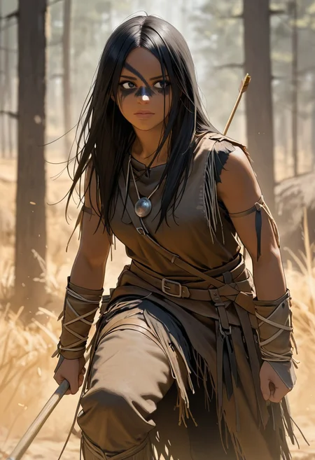 , (score_9, score_8, score_7), masterwork, masterpiece, best quality, beautiful face, detailed face, beautiful eyes, detailed eyes, naru01,1girl, long black straight hair, dark skin, black war paint across eyes and nose, white vertical face stripe, tribal leather outfit, brown sleeveless leather top, rough torn leather skirt, leather belt, fringed leather arm wraps, fringed leather leg wraps, leather boots, tomahawk in hand, bow and arrows on back, tribal necklace with round pendant, realistic body, native warrior style