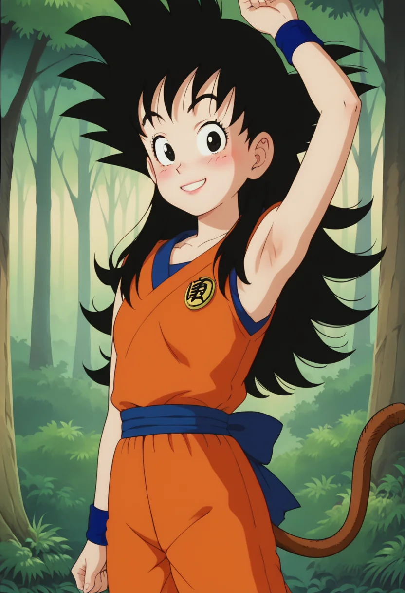 score_9, score_8_up, score_7_up , , source_anime, intricate details, masterpiece, high quality, prefect hands, best quality,, 1girl, solo, upper body , anime screencap,
forest ,
orange dougi, blue sash, blue wristband, sleeveless , orange pants, orange topwear,
, blush ,
looking at viewer, smile armpit ,
, GGoku , black hair, black eyes, spiked hair , long hair , monkey tail , small breast , eyelash , lips , cute , small breast , breast , girl eyes , eyelash , lips , <lora:GGoku:0.8> ,