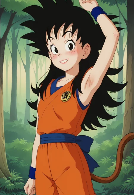score_9, score_8_up, score_7_up , , source_anime, intricate details, masterpiece, high quality, prefect hands, best quality,, 1girl, solo, upper body , anime screencap,
forest ,
orange dougi, blue sash, blue wristband, sleeveless , orange pants, orange topwear,
, blush ,
looking at viewer, smile armpit ,
, GGoku , black hair, black eyes, spiked hair , long hair , monkey tail , small breast , eyelash , lips , cute , small breast , breast , girl eyes , eyelash , lips , <lora:GGoku:0.8> ,
