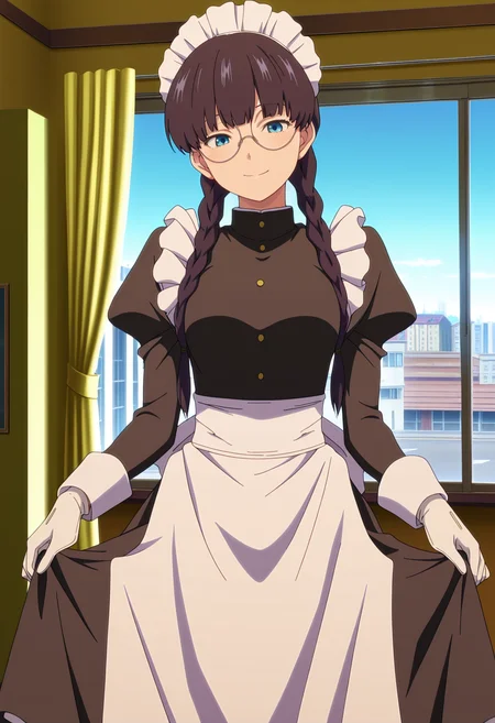 masterpiece, best quality, anime screenshot, anime, 1girl, solo, <lora:Roberta [Illustrious] Black Lagoon:1>, RTE, blue eyes, black hair, twin braids, round eyewear, maid headdress, maid, black dress, long sleeves, juliet sleeves, maid apron, white gloves, indoors, window, street, city, smile, blue sky, curtsey,