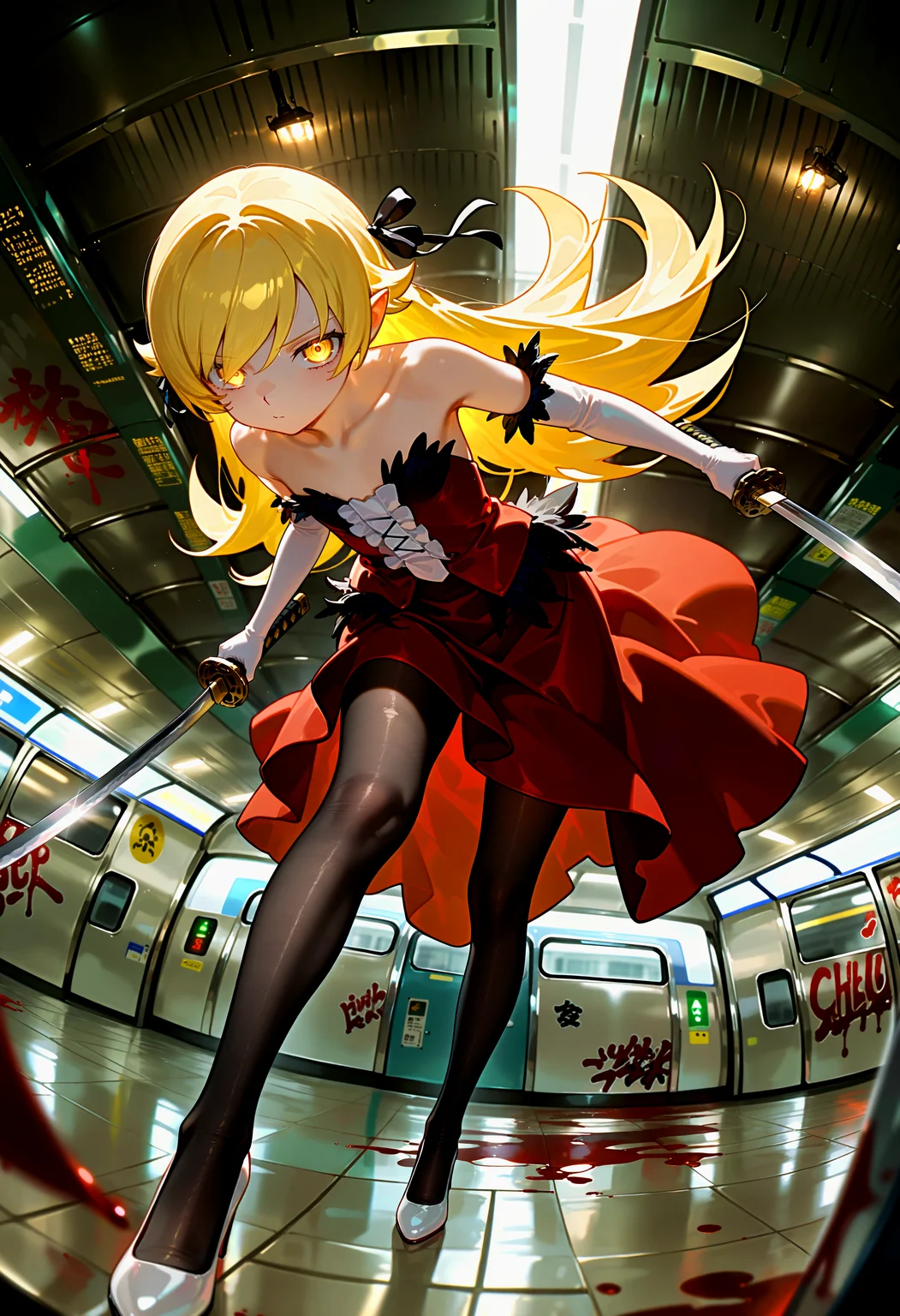 1girl, petite, oshino shinobu, kiss-shot acerola-orion heart-under-blade \(cosplay\), yellow eyes, glowing eye, blonde hair, flat chest, strapless dress, red dress, black pantyhose, fine fabric emphasis, black hair ribbon, black feather trim, white elbow gloves, white shoes, high heels, incoming attack, holding katana, blood, dynamic pose, fisheye lens, subway station, graffiti, BREAK masterpiece, best quality, amazing quality, very aesthetic, absurdres, newest, photo-referenced, detailed lighting, detailed shading, detailed background, detailed foreground, detailed clothing, detailed eyes, chiaroscuro, dark, dutch angle, perspective, close-up,