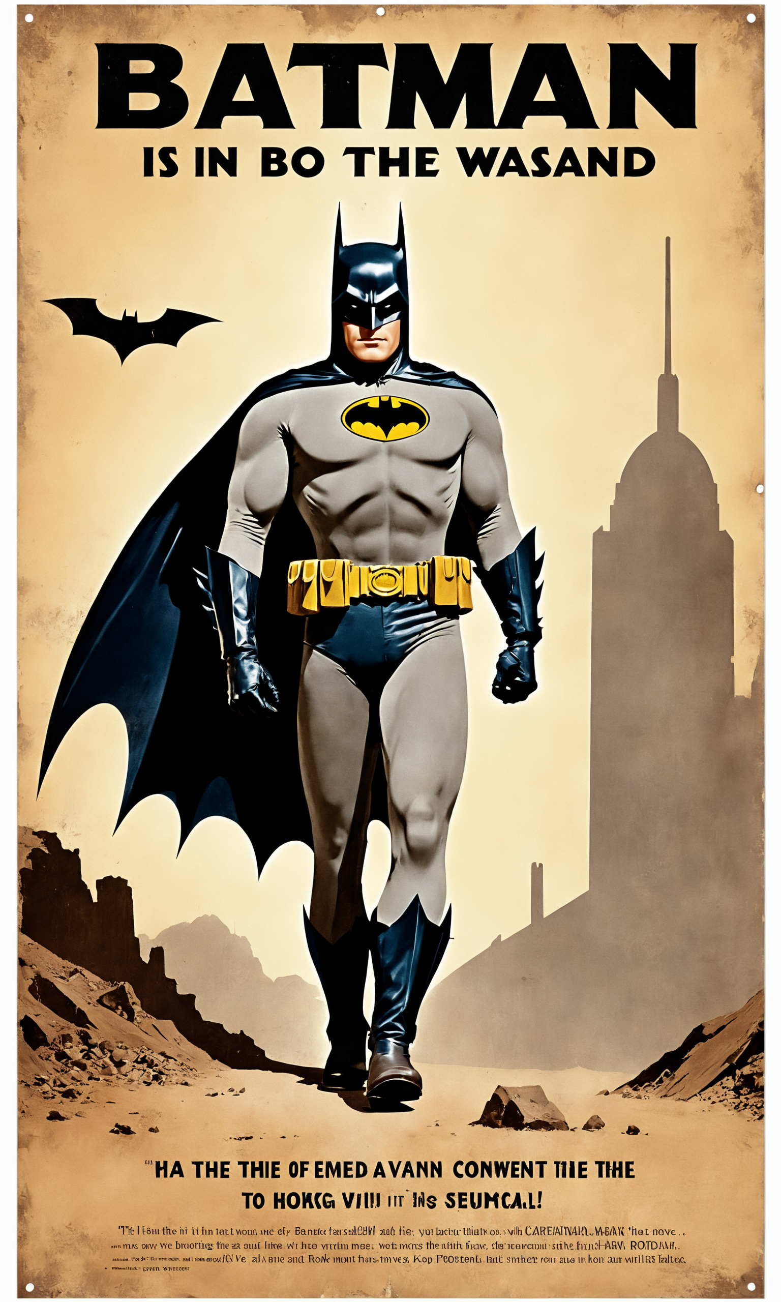 text "batman", poster of batman in the wasteland, falloutpostsdxl,<lora:falloutpostsdxl:0.8>, 1960s \(style\), classic ad,