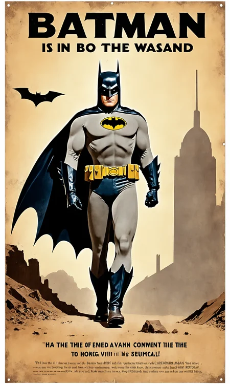 text "batman", poster of batman in the wasteland, falloutpostsdxl,<lora:falloutpostsdxl:0.8>, 1960s \(style\), classic ad,