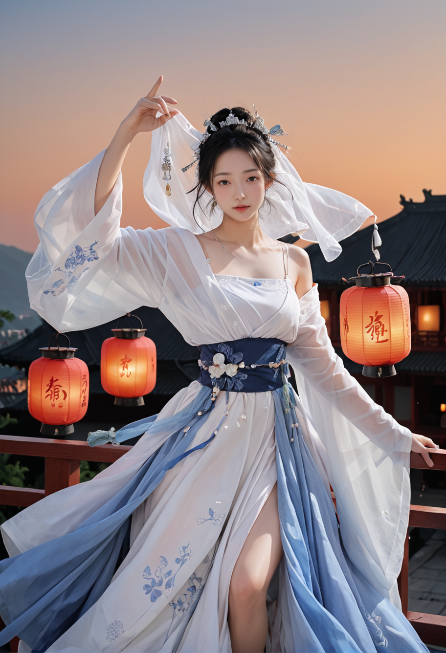 1girl,solo,sky lantern,dancing,,ruanyi0759,blue dress,hanfu,jewelry,veil,off shoulder,wide sleeves,white dress,<lora:0759 Yingluo blue Hanfu_v1_pony:1>, score_9,score_8_up,score_7_up,,8k,1girl,solo,