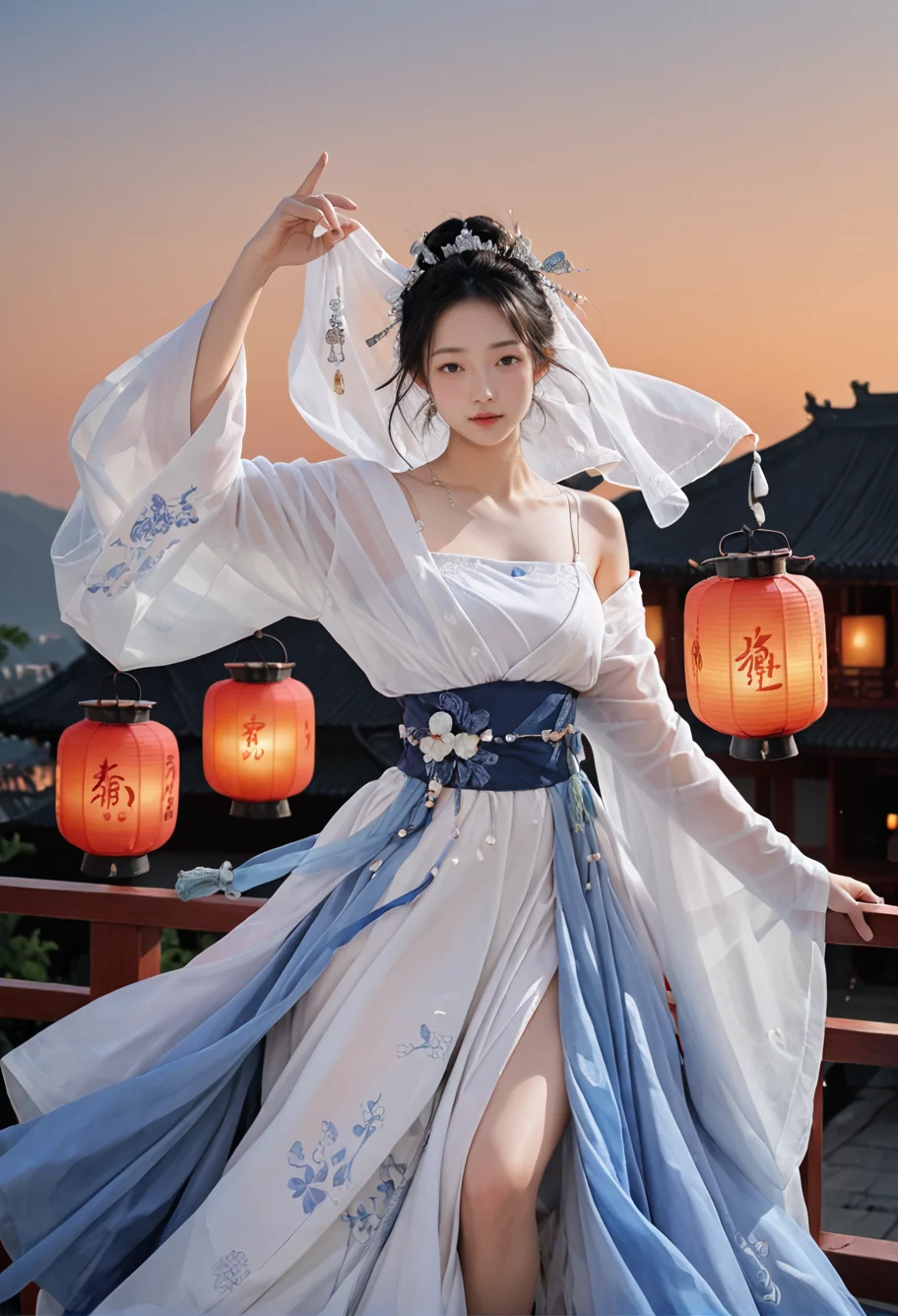 1girl,solo,sky lantern,dancing,,ruanyi0759,blue dress,hanfu,jewelry,veil,off shoulder,wide sleeves,white dress,<lora:0759 Yingluo blue Hanfu_v1_pony:1>, score_9,score_8_up,score_7_up,,8k,1girl,solo,