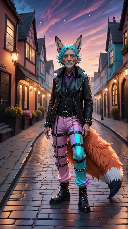 (front view:2), (detailed old mature man gender character:2) wearing detailed (bioluminescent punk style pants:2), flowing cyan hair and expressive eyes, (fox-like ears:2), (detailed fox one tail:2), (fox fur skin:2). Walking through a very cozy furry town with pastel color palette, the charming street has cobblestone streets, and (twilight horizon:1.5). Magic sparkles float in the air, adding a subtle touch of fantasy, doortoinfinity <lora:d\EnvyZoomSliderXL01:-1.25> <lora:doortoinfinity:1> <lora:more_details:1.5> <lora:xl_bioluminescent_dress-1.0:1>