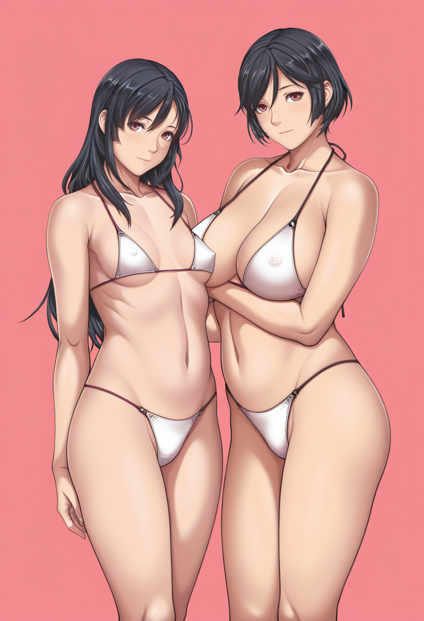 masterpiece, best quality,
 <lora:Sei_Shoujo_Style:1> S31_Sh0uj0, 2girls,standing,looking at viewer, light smile,black hair, long hair, small breasts,black hair, short hair, mature female, large breasts,tiny bikini, covered nipples,pink background, simple background,