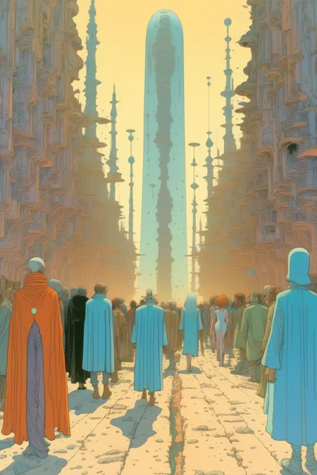 <lora:Luc Schuiten Style:1>Luc Schuiten Style - art by moebius, orwellian, matrix, cyberpunk, street with crowd of people walking away from the camera, vanishing point in center style of jean giraud aka Moebius