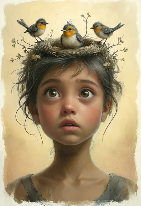 Fairy tale pencil and charcoal drawing, magnificent masterpiece of spontaneity, a fairy, she looks up,  a (nest:1.3) of birds in her hair <lora:Cute_Drawing:0.4> <lora:add-detail-xl:2> <lora:add_detail:1> <lora:MJ52:0.8> <lora:xl_more_art-full_v1:0.7> . Magical, fantastical, enchanting, storybook style, highly detailed