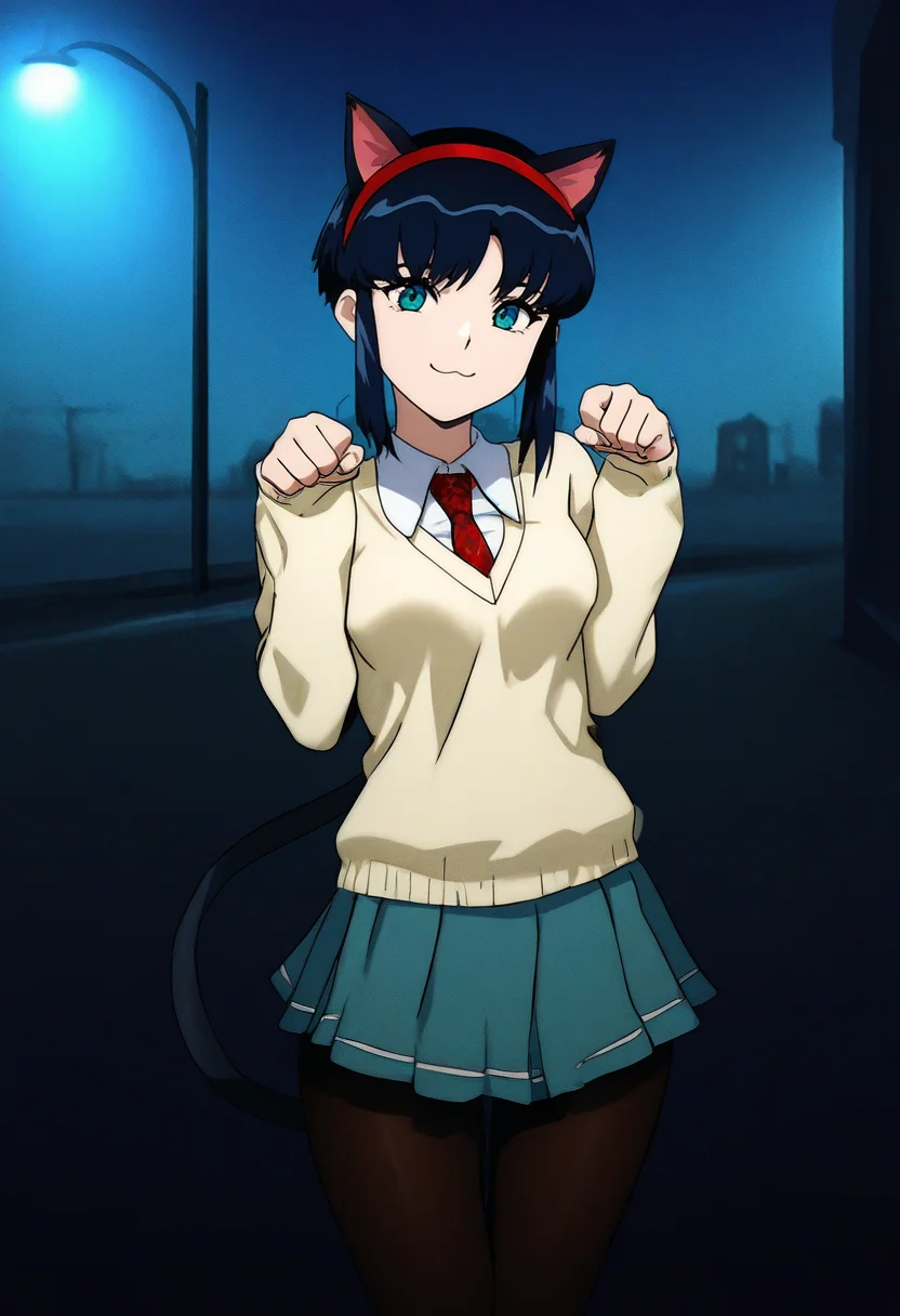 street, lamppost, echo (circa), 1girl, kumashiro sakuya, red hairband, school uniform, necktie, pleated skirt, black pantyhose, cat ears, paw pose, cat tail, smile, :3
<lora:Sakuya_Kumashiro_IL-000010:1>, very awa, masterpiece, best quality, amazing quality, very aesthetic, high resolution, ultra-detailed, absurdres, newest, volumetric lighting,