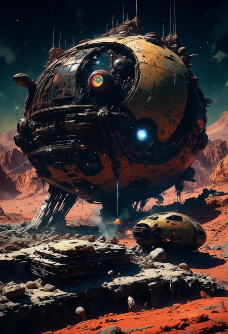 abstract painting, gradient vibrant neon colours, mythp0rt, landscape of a futuristic sci-fi moon base, gleaming metals and ceramics, domes, cratered environment, dusty, thin haze, a large planet dominating the skyline