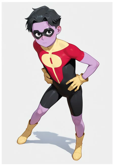 1boy, male focus, cute boy, rOliver_Grayson, Purple Skin, Colored Skin, Black Hair, Black Eyes, Domino Mask, Superhero Costume, Yellow Gloves, Yellow Boots, levitating, hans on hip, simple background, graphic border, cinematic, intricately detailed illustration, depth of field, masterpiece, best quality, amazing quality, very aesthetic, absurdres, newest, very awa, shadow, dynamic angle, casual cosplay, dynamic pose, action pose