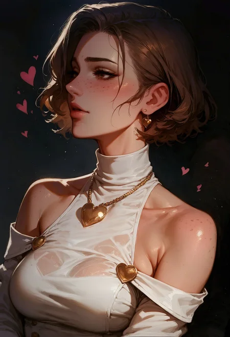 (score_9, score_8_up:1.1), score_7_up, side view, 1girl, solo, expressive, hearts, dynamic, brown hair, short hair, brown eyes, pale skin girl, pale skin, freckles, turtleneck, bare shoulders, golden buttons, heart necklace, blush, red rose in hair, looking_longingly, seductive, sexy_woman, black background <lora:pony/twilight_style:0.8> <lora:pony/expressiveh:0.8> <lora:sdxl/sinfully_stylish_sdxl>