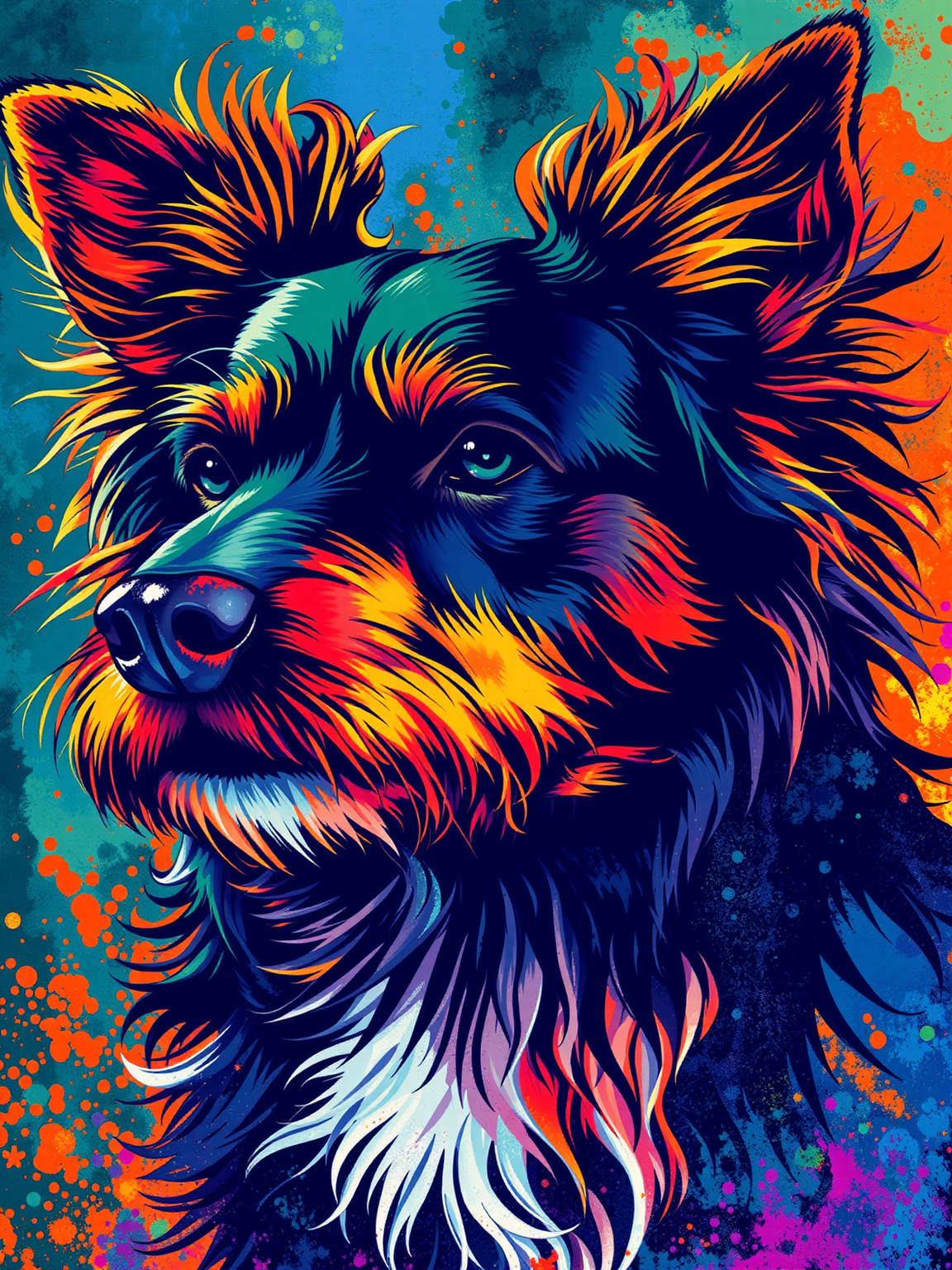 sfw. pointillism art. vivid colors. ((dog silhouette)) with wild hair. dramatic blue green orange split-tone lighting