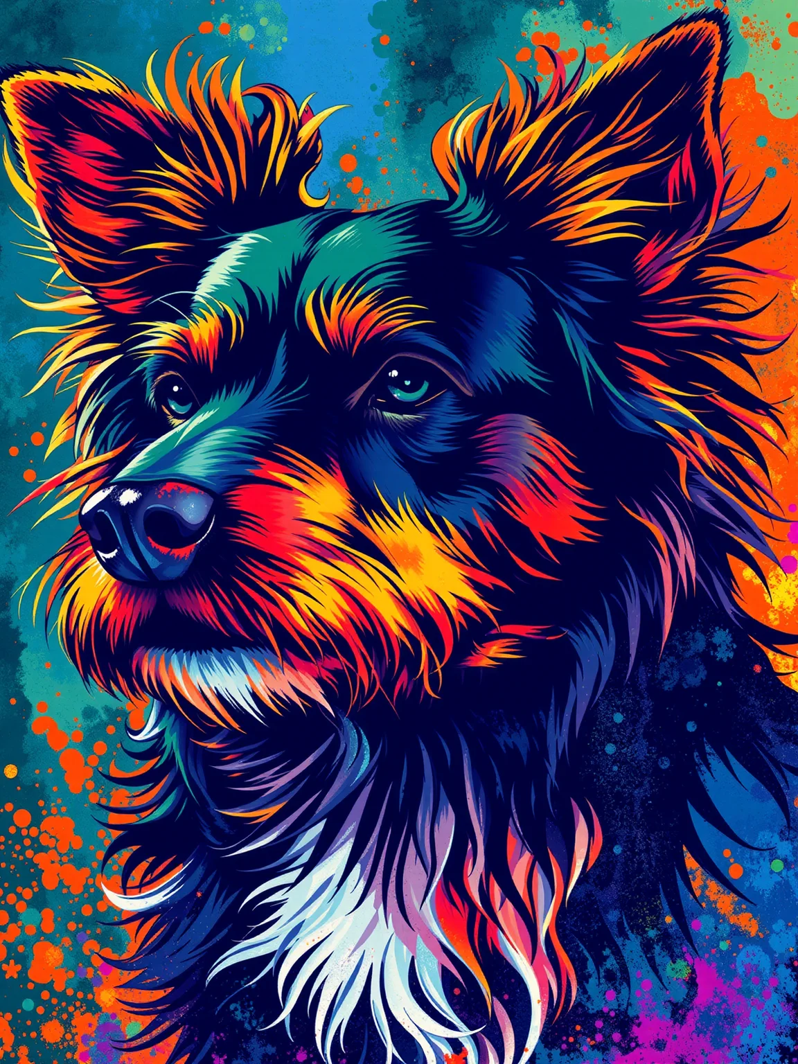 sfw. pointillism art. vivid colors. ((dog silhouette)) with wild hair. dramatic blue green orange split-tone lighting