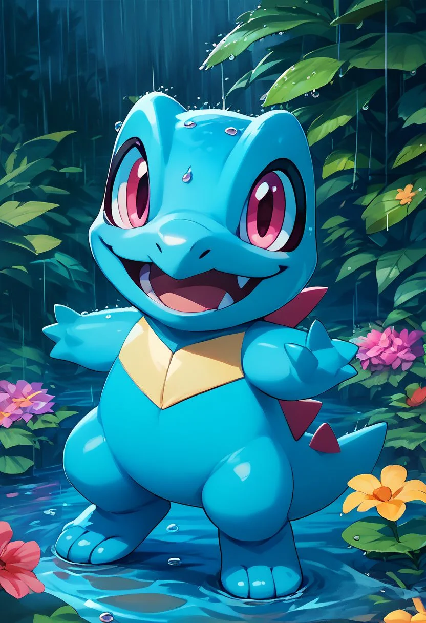 score_9, score_8_up, score_7_up, vivid bright colors,
zzTotodile, looking at viewer, smile, open mouth, standing, full body, flower, :d, outdoors, pink eyes, happy, rain, water drop, hydrangea