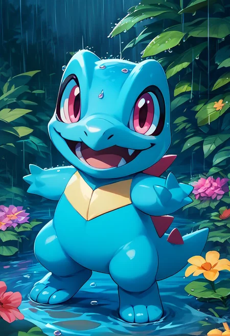 score_9, score_8_up, score_7_up, vivid bright colors,
zzTotodile, looking at viewer, smile, open mouth, standing, full body, flower, :d, outdoors, pink eyes, happy, rain, water drop, hydrangea