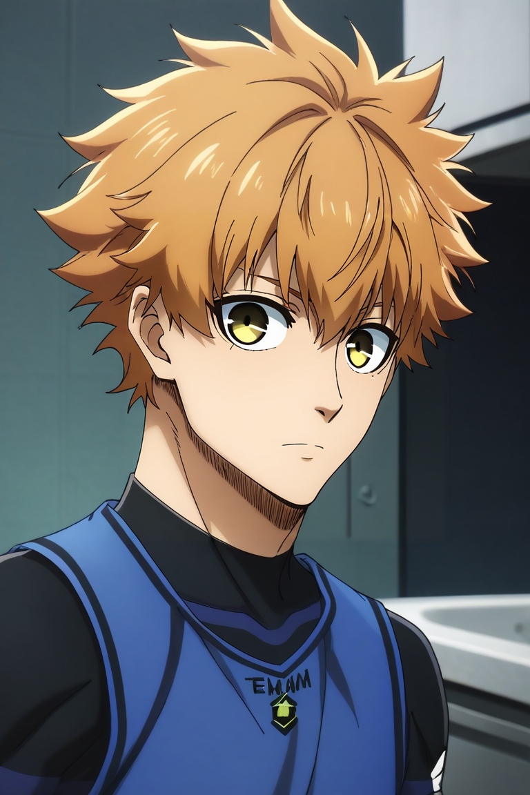 score_9, score_8_up, score_7_up, , , rating_safe, , looking at viewer, depth of field, 1boy, emiya shirou, fate \(series\), orange hair, yellow eyes, solo, asymmetrical, kitchen, dark, arms behind back, :D, <lora:blue_lock_style_pony:1.2>, blue_lock_style, blue lock bodysuit, blue tank top, <lora:sdxl_lightning_8step_lora:1>