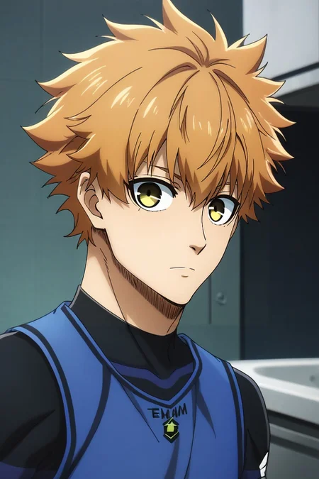 score_9, score_8_up, score_7_up, , , rating_safe, , looking at viewer, depth of field, 1boy, emiya shirou, fate \(series\), orange hair, yellow eyes, solo, asymmetrical, kitchen, dark, arms behind back, :D, <lora:blue_lock_style_pony:1.2>, blue_lock_style, blue lock bodysuit, blue tank top, <lora:sdxl_lightning_8step_lora:1>