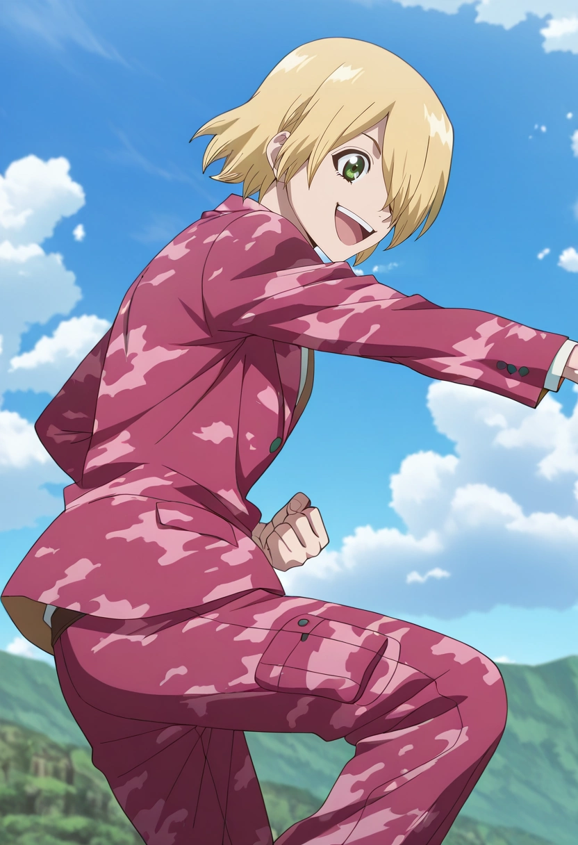 masterpiece, best quality, , anime screencap, anime coloring, ,, 1boy, solo, male focus, <lora:ginrou_dr_stone_ilxl:0.94>, ginrou_dr_stone, blonde hair, green eyes, short hair, hair over one eye, , from side, heaven, clouds, day, clouds, pose, happy, Animal print Sapphire Camo cargo pants, Brocade Pink Suit jacket, , , and
