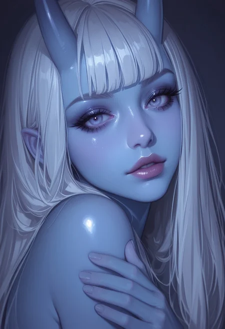 masterpiece, best quality, good quality, very aesthetic, absurdres, newest, 8K, depth of field, focused subject, dynamic sexy pose, solo, alone,
1girl, blue oni girl, pale blue skin, coloured skin, blunt bangs, fingernails, eyelashes, full lips, Pale skin, makeup, nose, mascara, realistic, Cinematic Lighting,