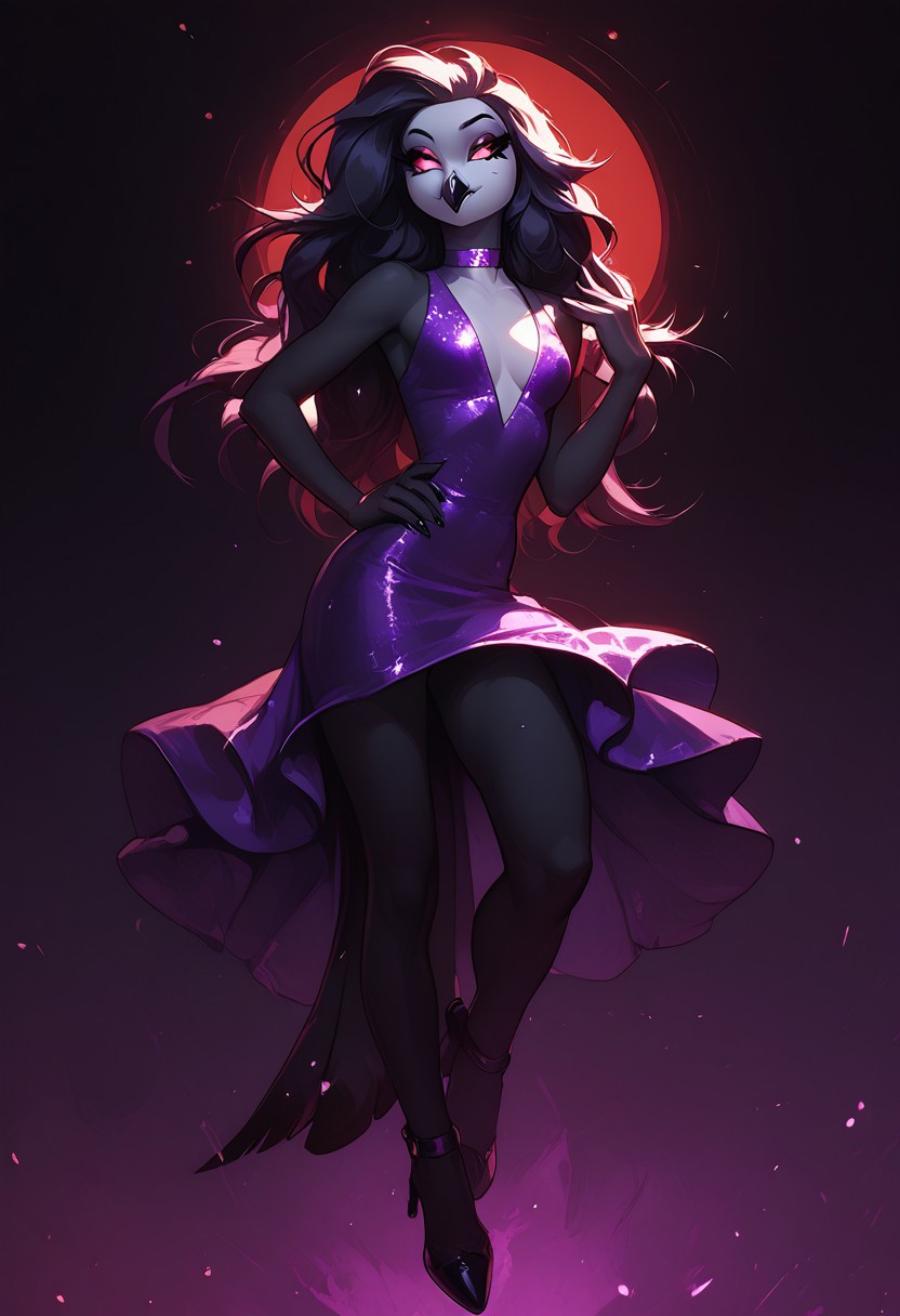 score_9, score_8_up, score_7_up, score_6_up, 1girl, solo, octavia, octavia, avian bird demon owl owl_demon, beak, red sclera, from hellova boss, anthro furry, long hair, nightclub outfit, tight purple dress, perfect face, perfecteyes, sexy, sexy girl, beautiful eyes,  dancing, dynamic angle, full body shot, red eyes, glowing eyes, pop star, singing