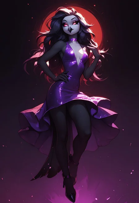 score_9, score_8_up, score_7_up, score_6_up, 1girl, solo, octavia, octavia, avian bird demon owl owl_demon, beak, red sclera, from hellova boss, anthro furry, long hair, nightclub outfit, tight purple dress, perfect face, perfecteyes, sexy, sexy girl, beautiful eyes, dancing, dynamic angle, full body shot, red eyes, glowing eyes, pop star, singing