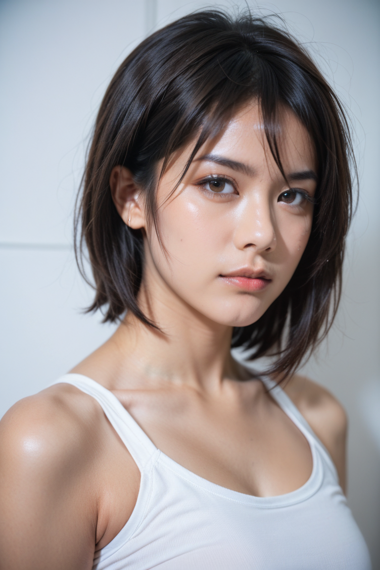 [realistic lighting],[photo],[photorealistic], [score_9, score_8_up, score_7_up, score_6_up, score_5_up, score_4_up],mikasa ackerman \(cosplay\), portrait, serious, asian, female, japanese, bangs