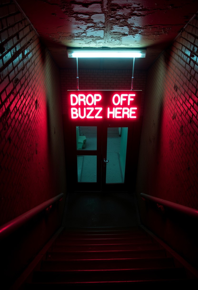 aidmatextimprover, A photograph of a dilapidated staircase leading down to a double door entrance, its red brick walls worn and crumbling. An overhead fluorescent light flickers dimly, casting a sickly blue-ish white glow that barely illuminates the space. Above the entrance is a large dimly glowing red sign hanging from a pair of worn wires that reads "DROP OFF BUZZ HERE" in bold white font.