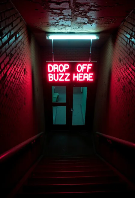 aidmatextimprover, A photograph of a dilapidated staircase leading down to a double door entrance, its red brick walls worn and crumbling. An overhead fluorescent light flickers dimly, casting a sickly blue-ish white glow that barely illuminates the space. Above the entrance is a large dimly glowing red sign hanging from a pair of worn wires that reads "DROP OFF BUZZ HERE" in bold white font.