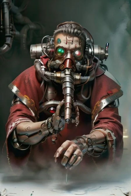 ((masterpiece,best quality)), absurdres, mechanical arms, robes, hood, ((techpriest)), cyborg, mechanical face, (demonmawai), mechanical limbs, gas mask, red robe, 1other, solo, holding rifle,