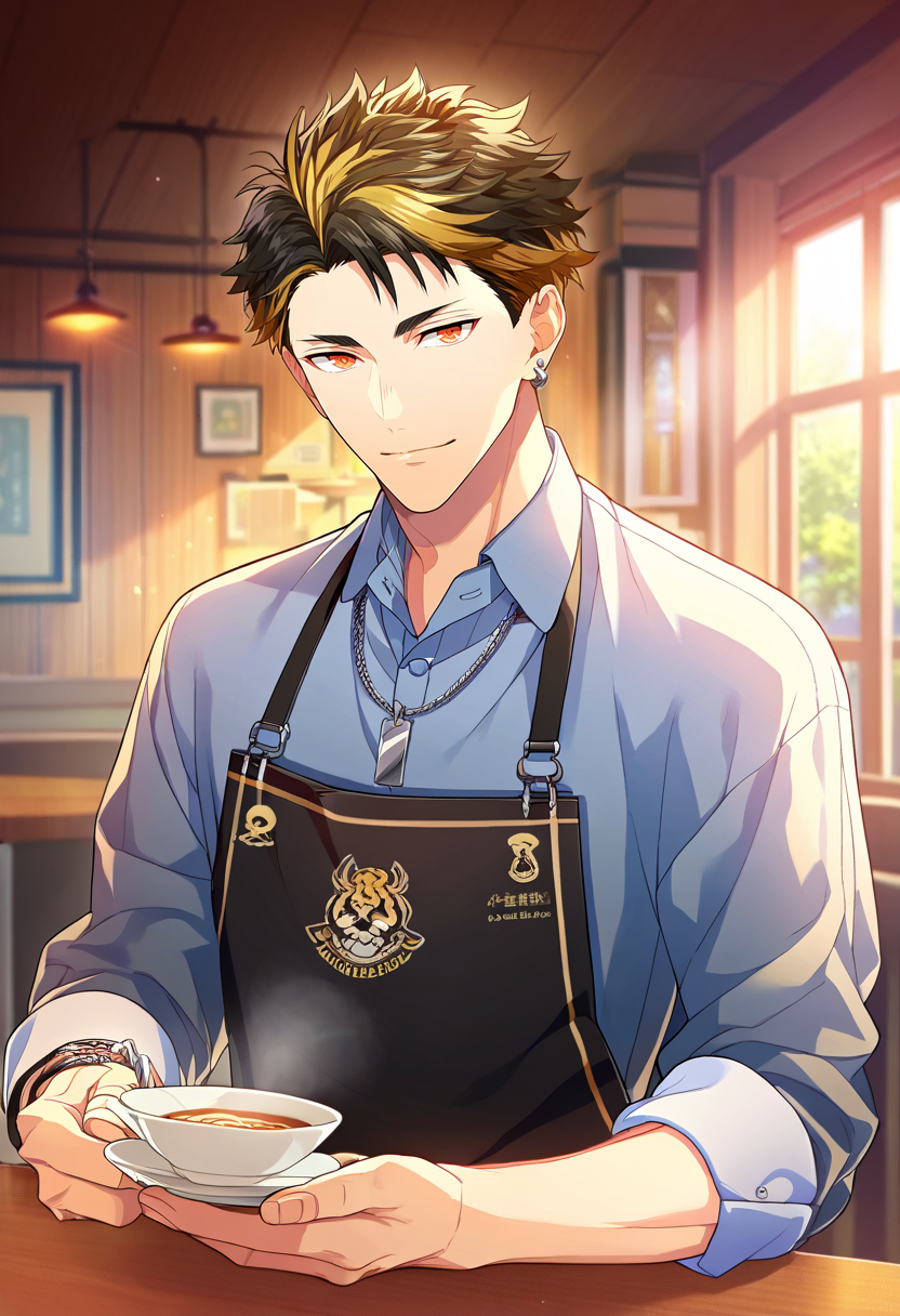 1boy, male focus, solo focus,
<lora:Character - Wind Boys - Reito Tsuji:1> reitotsuji, black hair, multicolored hair, red eyes, bracelet, necklace, ear piercing,
((zPDXL)), score_9_up, score_8_up, score_7_up, score_6_up, score_5_up, score_4_up, best quality, amazing quality, best aesthetic, absurdres, year2023, uncensored, nsfw, official art, official style, depth of field, detailed eye,
cafe,  collared shirt, apron, looking at viewer, table, holding cup, pov across table,