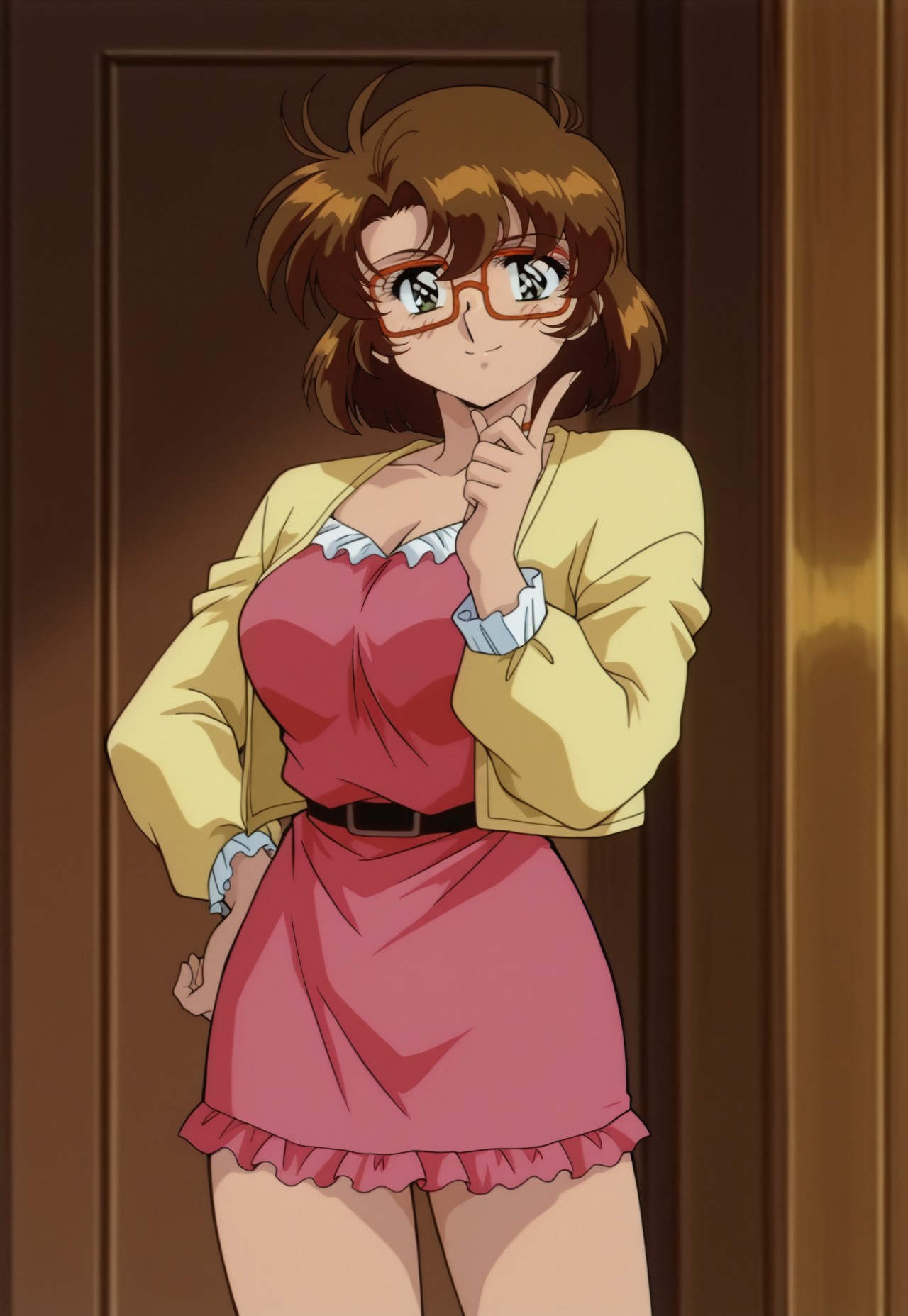 masterpiece, best quality, retro anime, cowboy shot, smile, 1girl, solo, spylayla, short hair, brown hair, glasses, dress, sweater, hand on hip,