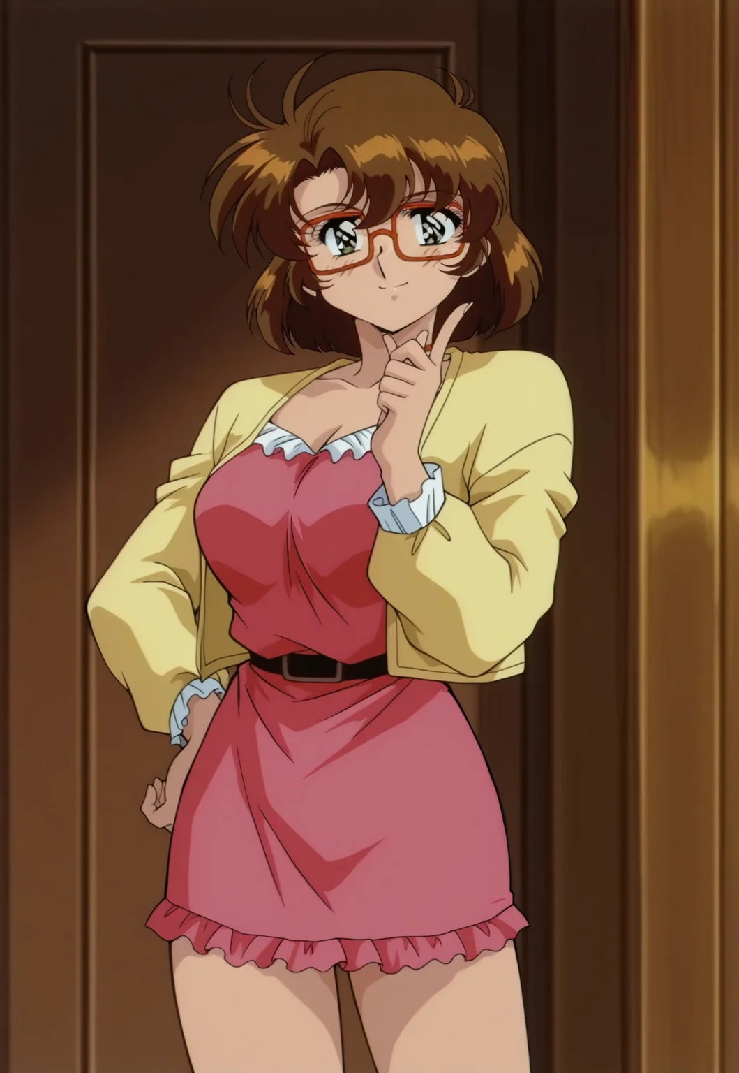 masterpiece, best quality, retro anime, cowboy shot, smile, 1girl, solo, spylayla, short hair, brown hair, glasses, dress, sweater, hand on hip,