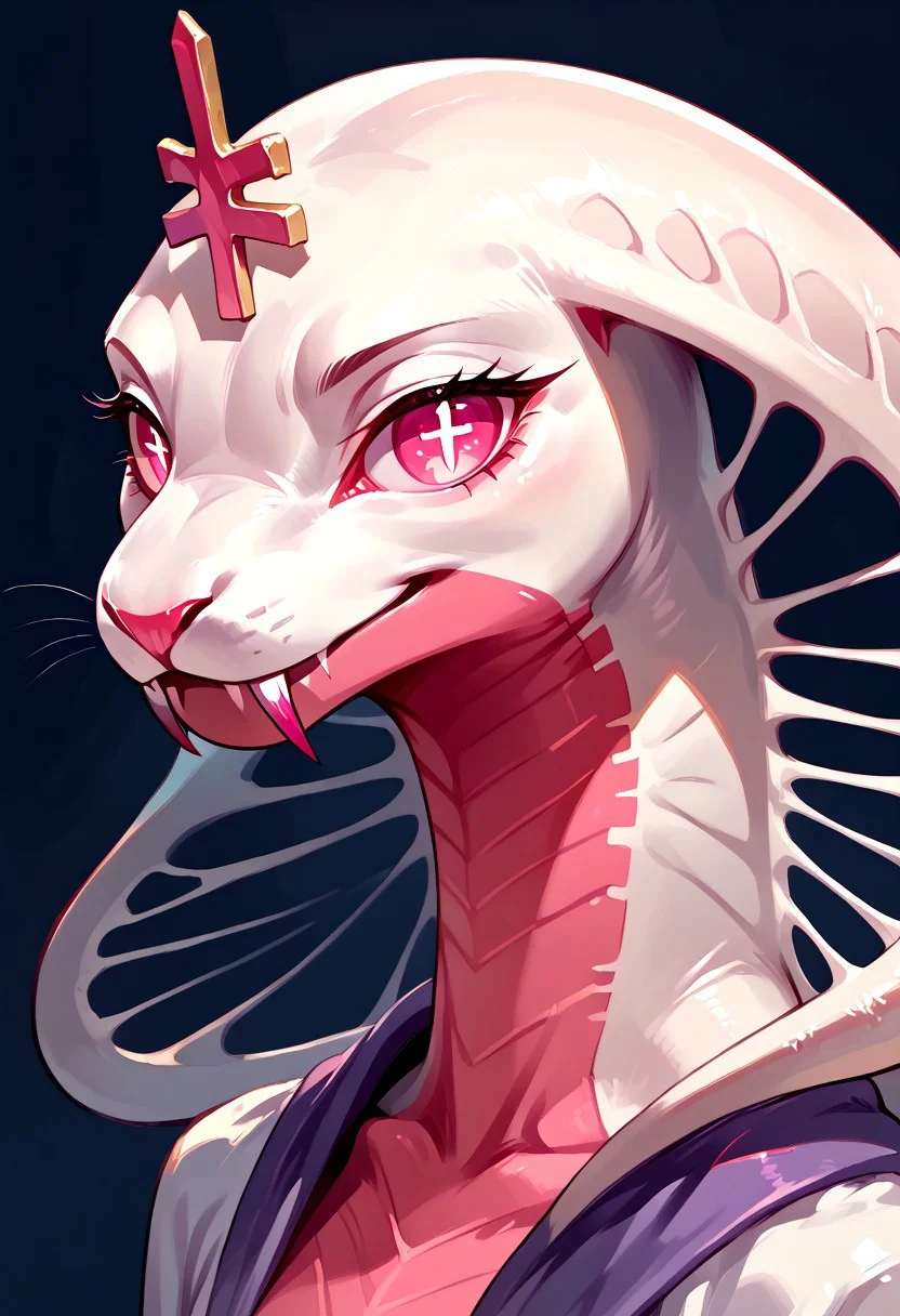score_9, score_8_up, score_7_up, easynegative, realistic style, symphtia-style, detailed face, solo, anthro, furry, Expressiveh, masterpiece, raw quality, best quality, extremely detailed, stunning beautiful, high definition, HD, cute, Median(FV), anthro, furry, Snake girl, anthro, female reptile, white and pink body, holes in snake hood, long tail, pink eyes, cross shaped pupils, head ornament (cross), fangs, looking at viewer, light smile, 3/4 view, side view, close-up, portrait, BREAK masterpiece, best quality, very aesthetic, perfect eyes, open smile,