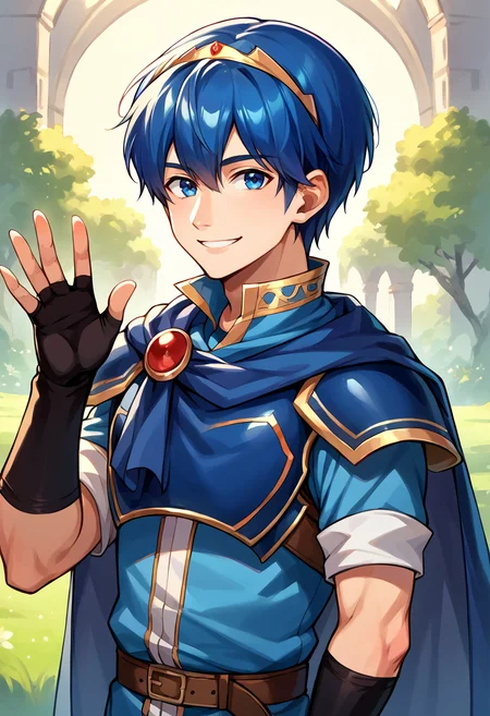 score_9, score_8_up, score_7_up, source_anime, BREAK, solo, 1boy, <lora:Marth-pdxl_Fp:1>, marthfe, blue hair, blue eyes, short hair, tiara, blue tunic, armor, cape, fingerless gloves, smile, looking at viewer, waving,