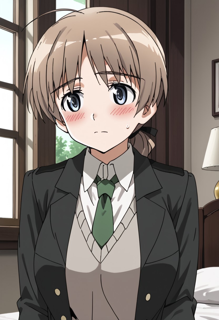 Lynette Bishop\(Strike Witches\), Big breasts,  1940s Bedroom, window, blushing, Looking away,  green necktie, 1girl,