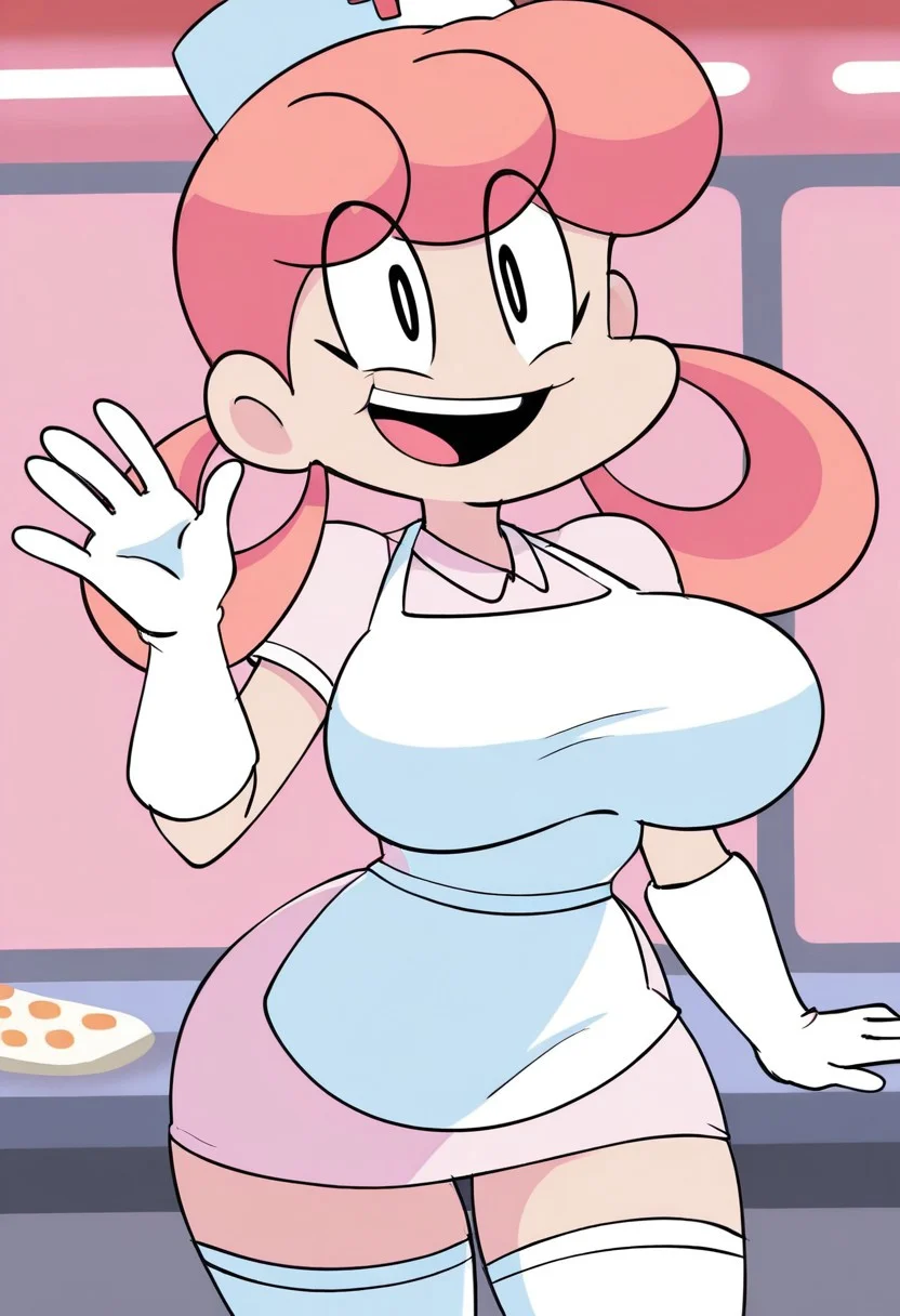 score_9, score_8_up, score_7_up, score_6_up, score_5_up, absurdres,nursejoy(spaz),Pink Hair, Nurse, Nurse Outfit,looped pigtails, big eyes,boots, thigh highs,big eyes, black pupils,cartoon,apron,white gloves,nurse hat,nurse cap,pink dress,standing, simple background, breasts, white sclera, pokemon center background, standing, smiling, mouth open, waving, hyper breasts, huge hips,