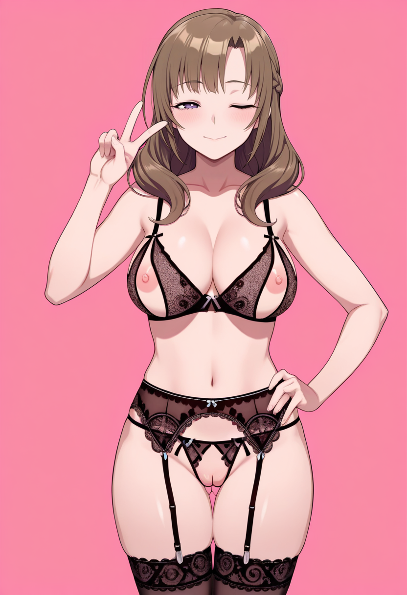 masterpiece,best quality,absurdres, amazing quality, uncensored,
1girl, solo,
standing, hand on own hip, 
looking at viewer, one eye closed, v,
<lora:Open_Lingerie:1> 0p3nl1ng3r13, nipples, thighhighs, garter straps, garter belt, bra,
simple background, pink background,  oosuki mamako,  mature female, medium breasts,