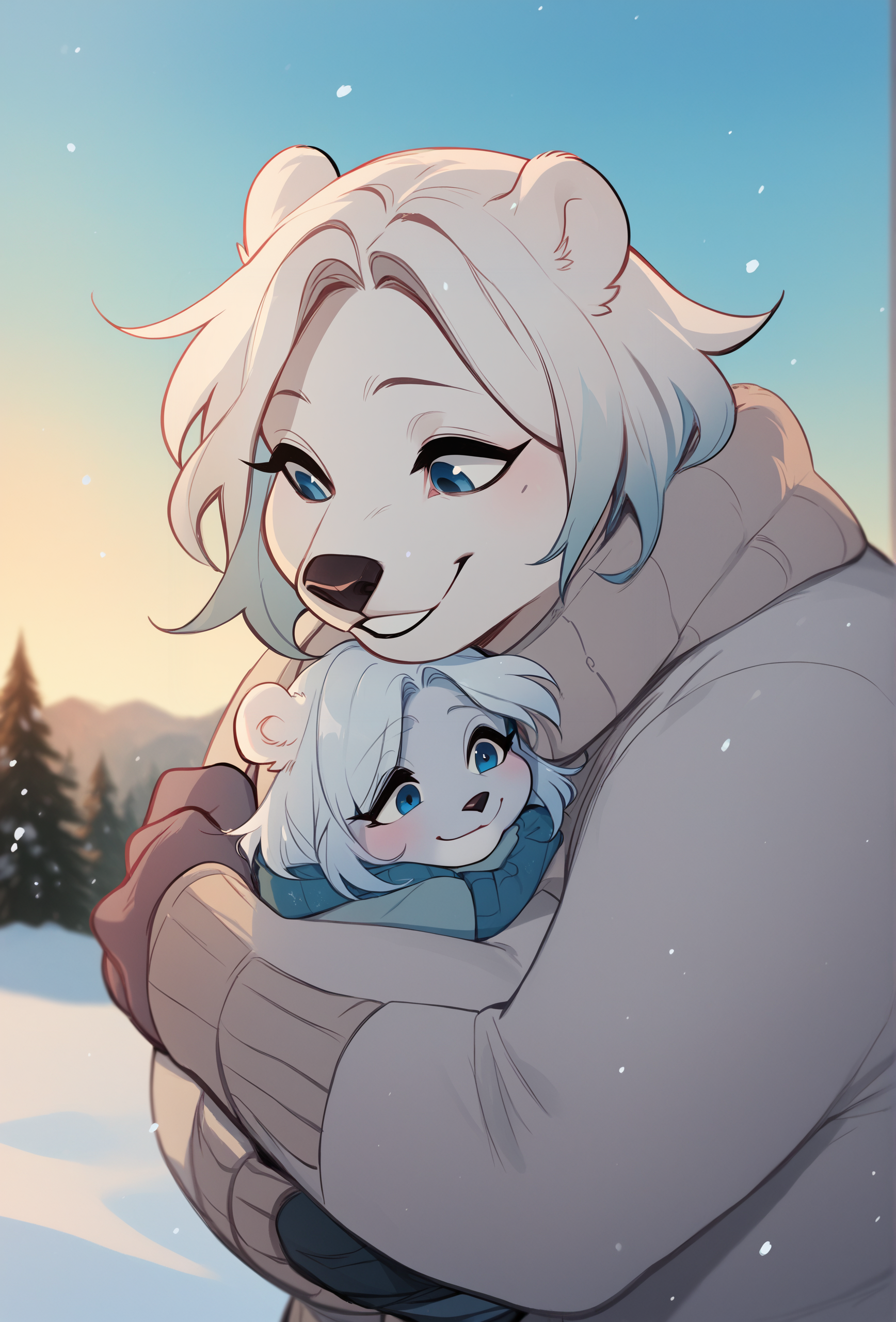 score_9, score_8_up, score_7_up:1, depth of field, snow, blue sky, 
<lora:glacierclear_style_ponyXL_v2.3:1> gclearstyle, 1girl, duo, furry, polar bear, medium hair, white hair, light blue eyes, smile, hugging child, looking at another