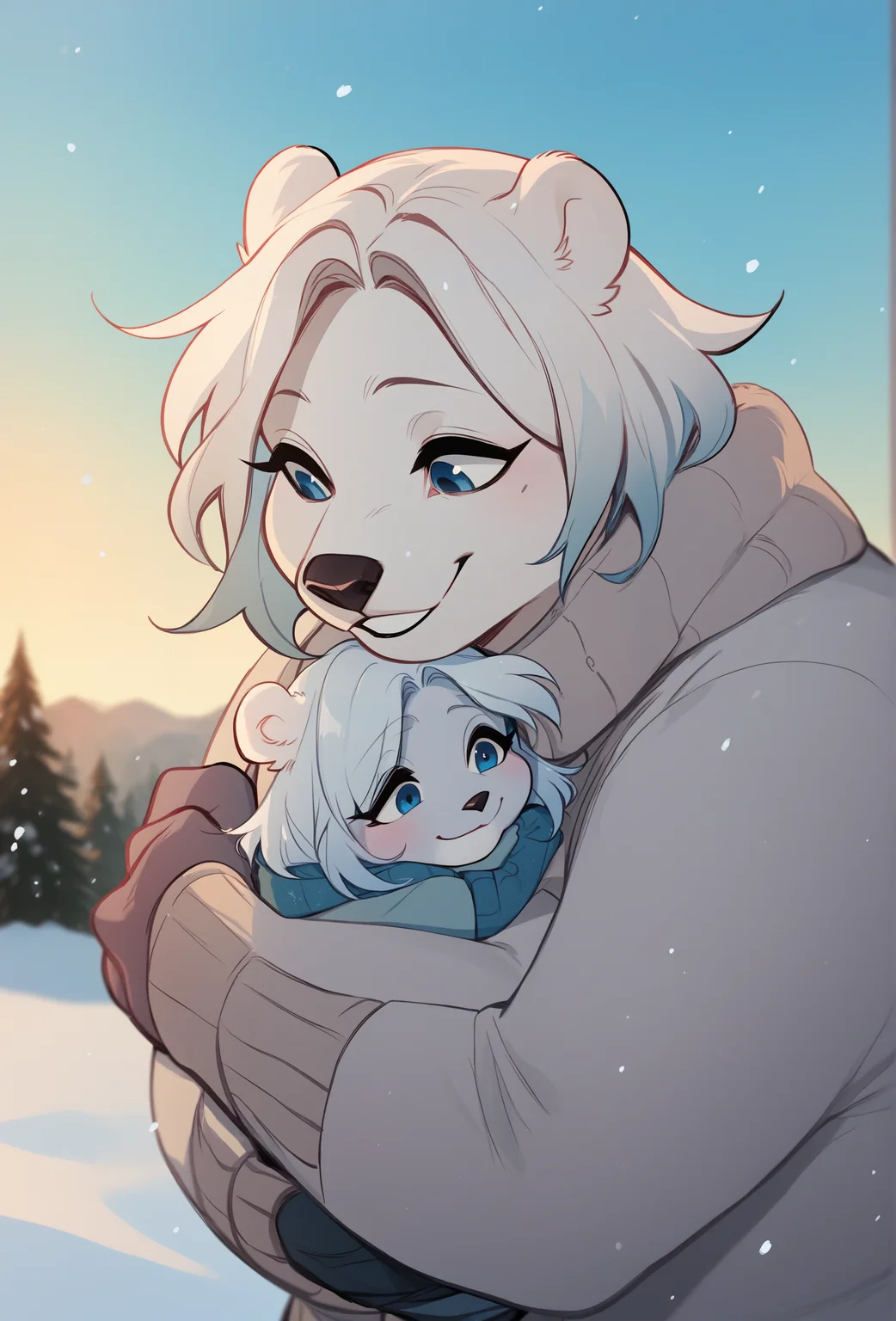 score_9, score_8_up, score_7_up:1, depth of field, snow, blue sky,
<lora:glacierclear_style_ponyXL_v2.3:1> gclearstyle, 1girl, duo, furry, polar bear, medium hair, white hair, light blue eyes, smile, hugging child, looking at another