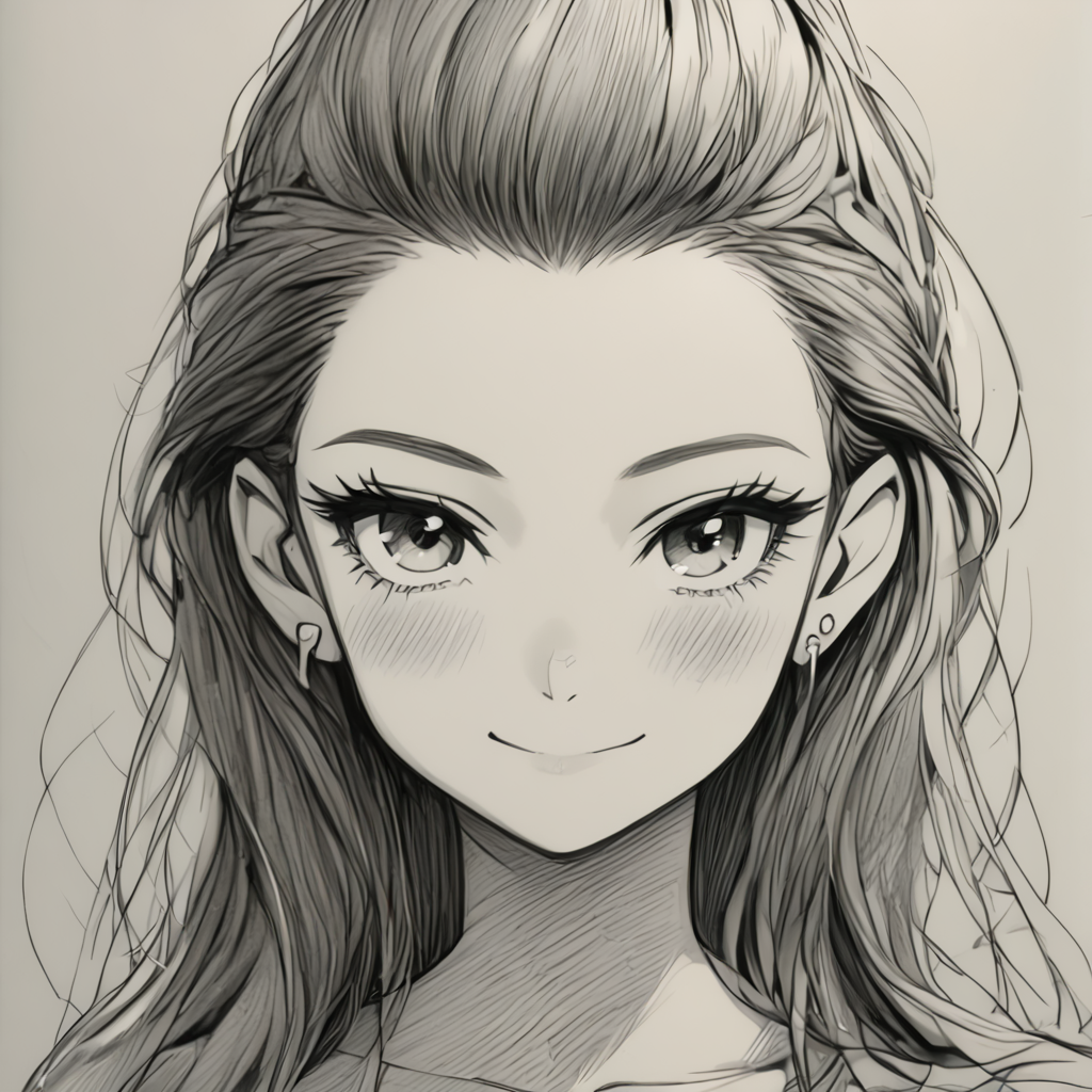 drawing, 1girl, solo, long hair, looking at viewer, blush, smile, simple background, jewelry, closed mouth, collarbone, monochrome, greyscale, earrings, eyelashes, portrait, forehead, <lora:drawing_epoch_10:1>