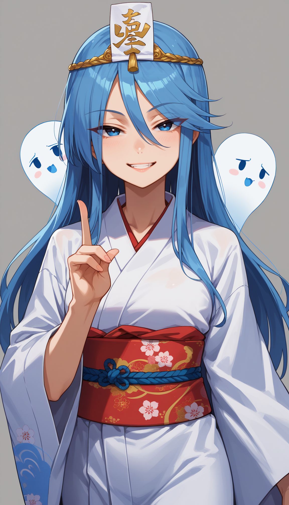 score_9, score_8_up, score_7_up, source_anime,
 <lora:GUPFlint:1> GUPFlint, 1girl, long hair, right-over-left kimono, triangular headpiece, looking at viewer, half-closed eyes, blue eyes, smile, japanese clothes, simple background, hitodama, long sleeves, blue hair, ghost, standing, grey background, wide sleeves, fox shadow puppet, hair between eyes, cowboy shot, sash, parted lips, eyes visible through hair, grin