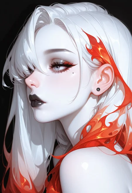 masterpiece, best quality, good quality, very aesthetic, absurdres, newest, 1girl, solo, longhair, side profile, flame red colour hair, long hair, hair over one eye, fingernails, eyelashes, full lips, mole under eye, Pale white skin, makeup, half-open eyes, portrait, lipstick, close up, nose, stud earrings, black lips, mascara, realistic, Cinematic Lighting, bare shoulder, solemn look, oled black background, strong shadows